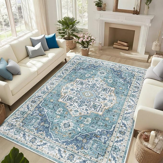 ANSSO 5x8 Area Rug for Living Room, Machine Washable Low Pile Rugs, Non-Slip Backing Vintage Carpet for Bedroom, Dining Room, Home Office Decor Turquoise Blue