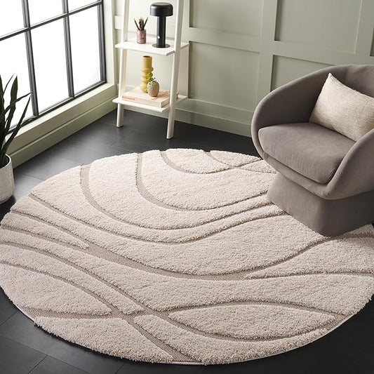 SAFAVIEH Florida Shag Collection 6'7" Round Cream/Beige SG471 Abstract Wave Non-Shedding Living Room Bedroom Dining Room Entryway Plush 1.2-inch Thick Area Rug
