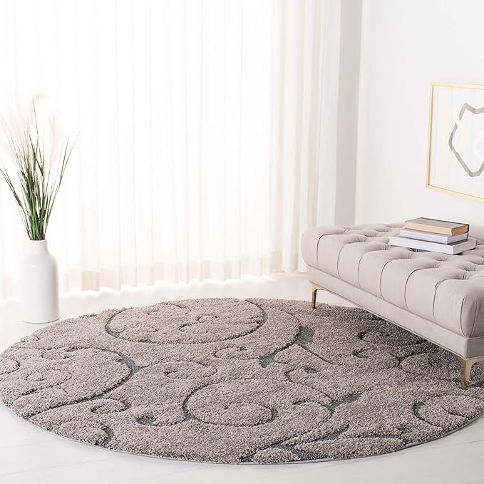 SAFAVIEH Florida Shag Collection Area Rug - 5' Round, Grey & Light Blue, Scroll Design, Non-Shedding & Easy Care, 1.2-inch Thick Ideal for High Traffic Areas in Living Room, Bedroom (SG455-1160)