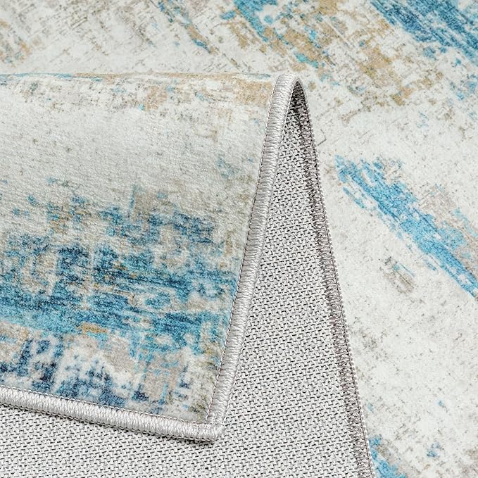 6x9 Area Rug Living Room Bedroom Carpet Washable Abstract Neutral Modern Large Blue Gray Accent Rug Dining Non Slip Low Pile Soft Thin Indoor Office Floor Throw Kitchen Contemporary