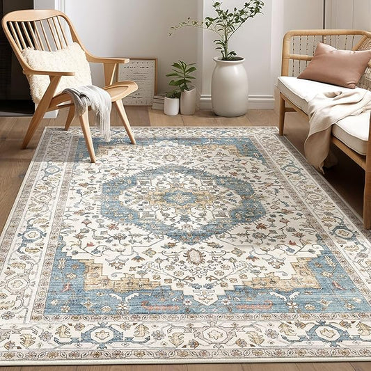 Area Rug for Living Room - 5x7 Soft Washable Oriental Vintage Floral Distressed Large Carpet - Fade Stain Resistant Non Slip Rugs for Bedroom Dining Room Nursery Dorm Office Home Decor - Blue/Beige