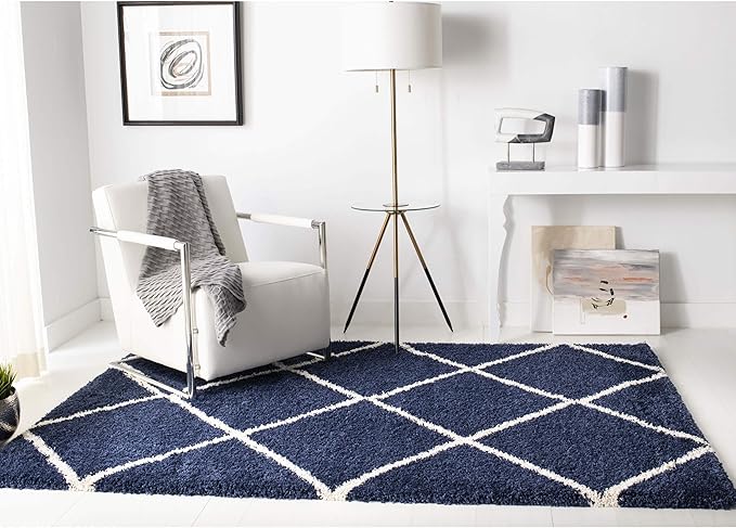 SAFAVIEH Area Rug 8x10 - Hudson Shag Collection - Large - Navy & Ivory, Trellis Pattern, Non-Shedding & Easy Cleaning, Ultra Plush Thick Pile, Ideal for Living Room, Bedroom, Dining Space (SGH281C)