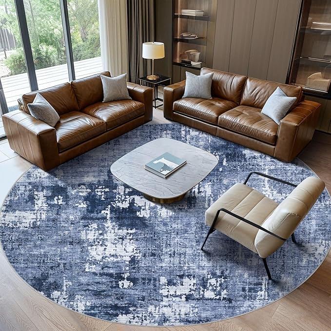 8ft Round Area Rug Living Room Rugs - 8x8 Washable Large Soft Indoor Neutral Modern Abstract Low Pile Rug Carpet for Bedroom Dining Room Farmhouse Home Office - Navy Blue