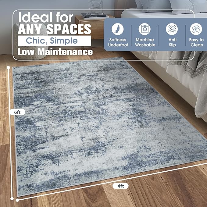 4x6 Area Rugs for Living Room Rug Washable: Abstract Rug for Dining Room Bedroom Carpet Non Slip 4 by 6 Indoor Modern Nursery Home Office Blue Grey