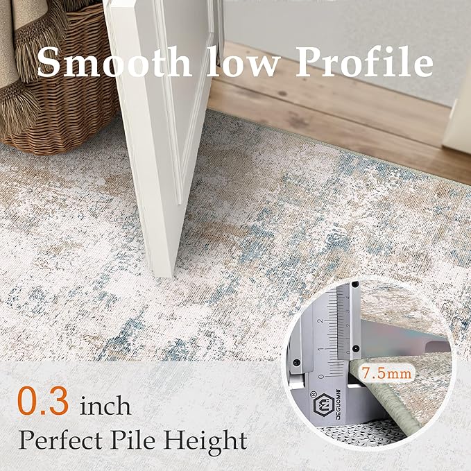 9x12 Washable Area Rug Beige Blue Neutral Abstract Living Room Bedroom Large Throw Rug Non Slip Soft Low Pile Indoor Floor Carpet for Dining Room Kitchen Office Entryway