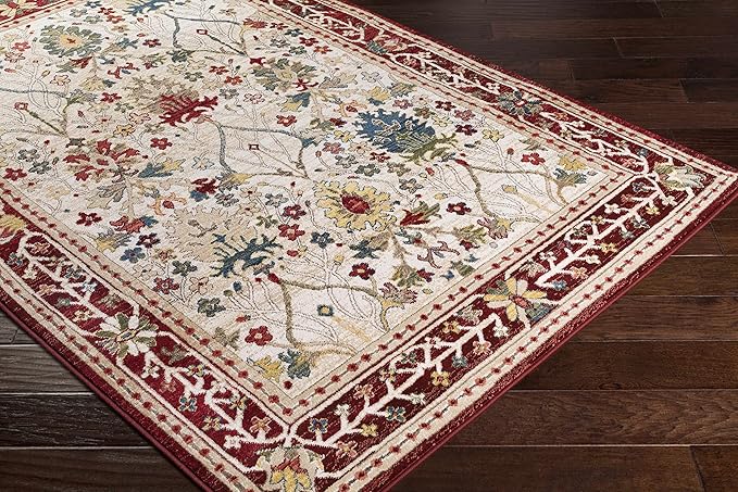 Hauteloom Goff Boho Floral Living Room Bedroom Multicolor Area Rug - Floral - Bohemian Vintage Look - Oriental Turkish Pattern - White, Beige, Yellow, Red - 5'1" x 7'5"