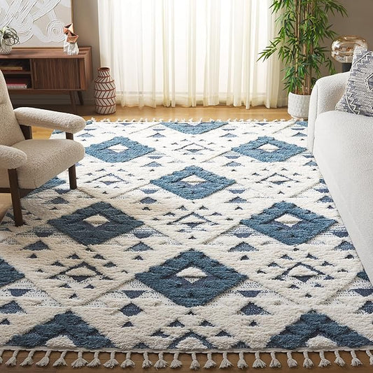 SAFAVIEH Area Rug 8x10 - Moroccan Tassel Shag Collection - Large - Blue & Ivory, Boho Design, Non-Shedding & Easy Cleaning, Plush Pile, Ideal for Living Room, Bedroom, Dining Space (MTS688M)