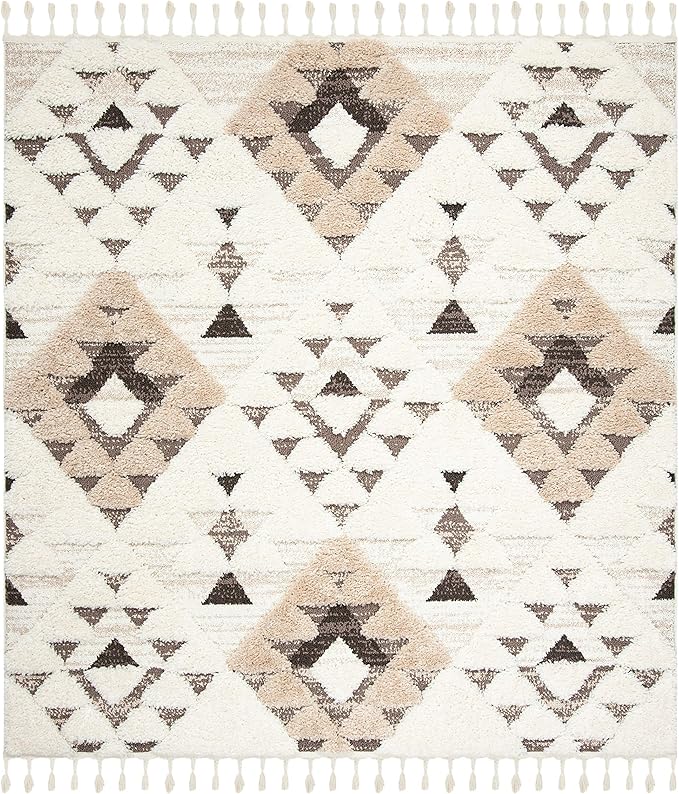 Safavieh Moroccan Tassel Shag Collection Area Rug - 12' Square, Ivory/Brown, Geometric Design, Plush 1.5 Inch Thick Ideal for High Traffic Areas in Living Room, Bedroom, Dining (MTS688A)
