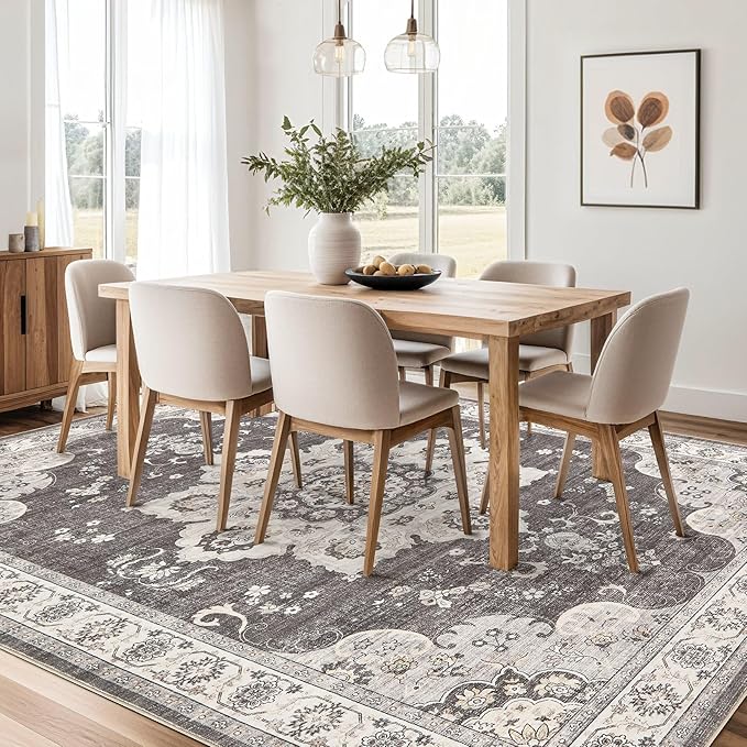 Area Rug for Living Room - 5x7 Soft Washable Oriental Vintage Floral Distressed Large Carpet - Fade Stain Resistant Non Slip Rugs for Bedroom Dining Room Nursery Dorm Office Home Decor - Brown/Grey