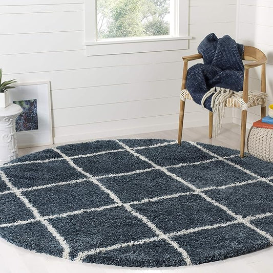 SAFAVIEH Hudson Shag Collection Area Rug - 9' Round, Slate Blue & Ivory, Modern Trellis Design, Non-Shedding & Easy Care, 2-inch Thick Ideal for High Traffic Areas in Living Room, Bedroom (SGH281L)