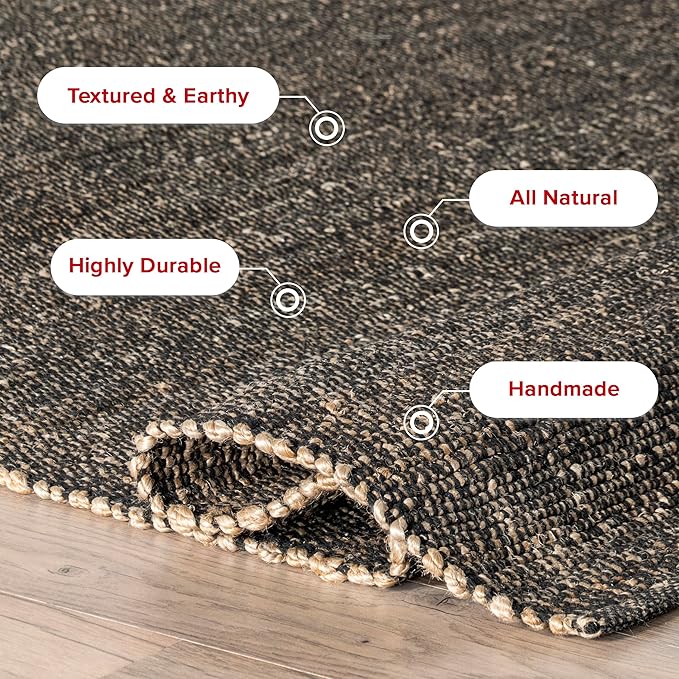 nuLOOM 9x12 Elfriede Jute & Cotton Hand Woven Area Rug, Charcoal, Solid Rustic Farmhouse Style, Weaved Design, Natural Fiber, For Bedroom, Living Room, Dining Room, Hallway, Office, Entryway