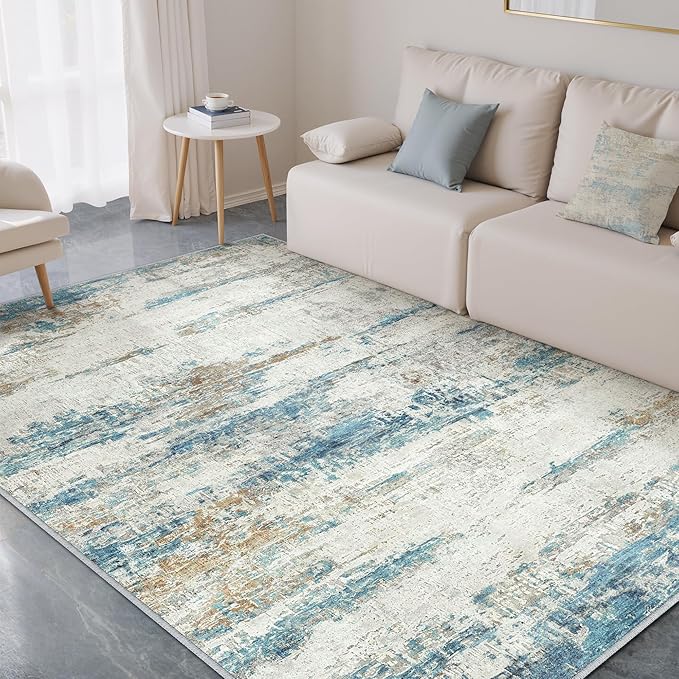 5x7 Area Rug Living Room Bedroom Carpet Washable Abstract Neutral Modern Blue Gray Accent Rug Dining Non Slip Low Pile Soft Thin Indoor Office Floor Throw Kitchen Contemporary