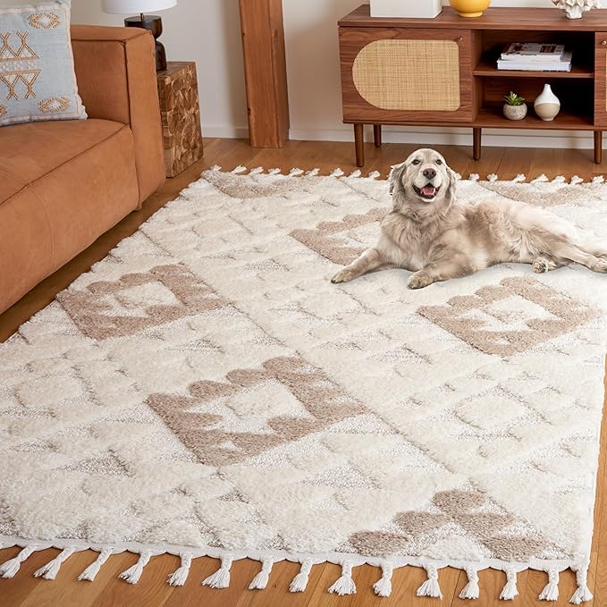 Safavieh Area Rug 8x10 - Moroccan Tassel Shag Collection - Large - Ivory & Beige, Boho Design, Non-Shedding & Easy Cleaning, Plush Pile, Ideal for Living Room, Bedroom, Dining Space (MTS688B)