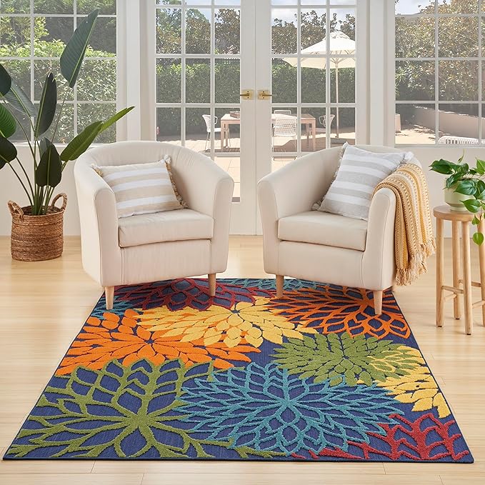 Nourison Home Aloha Indoor-Outdoor Navy Multicolor 5'3" x 7'5" Area Rug, Easy Cleaning, Non Shedding, Bed Room, Living Room, Dining Room, Backyard, Deck, Patio (5x7)
