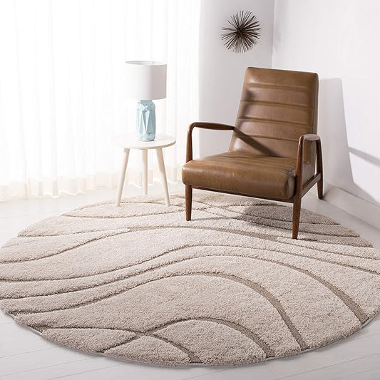SAFAVIEH Florida Shag Collection 4' Round Cream/Beige SG471 Abstract Wave Non-Shedding Living Room Bedroom Dining Room Entryway Plush 1.2-inch Thick Area Rug