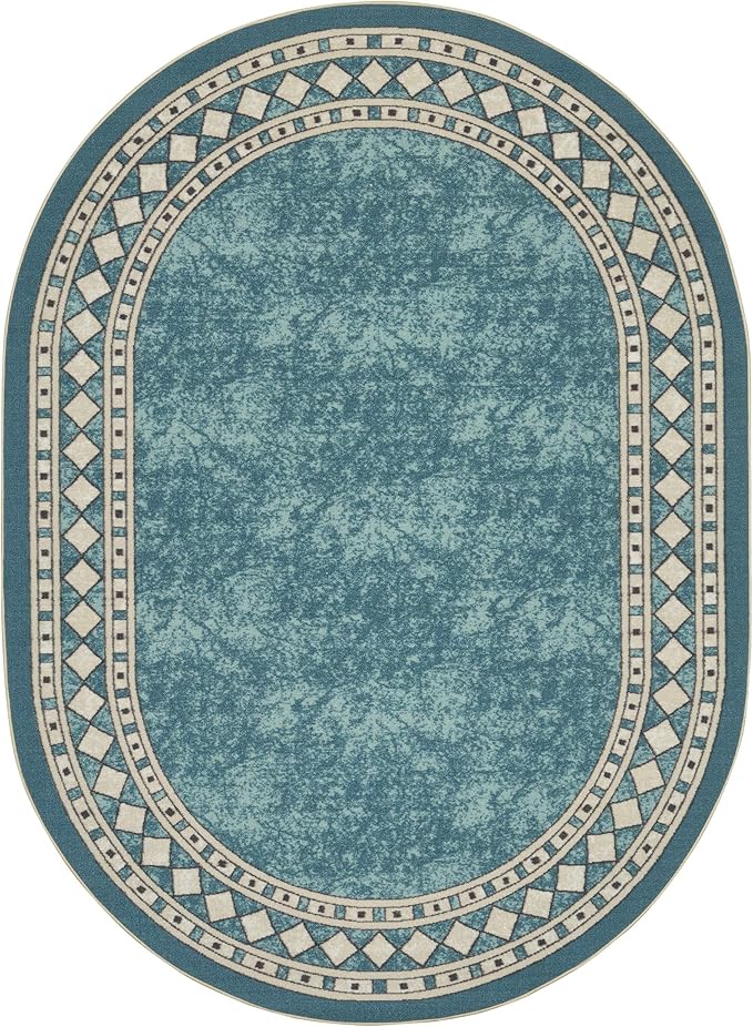 Antep Rugs Alfombras Modern Bordered 5x7 Non-Skid (Non-Slip) Low Profile Pile Rubber Backing Indoor Area Rugs (Blue, 5' x 7' Oval)