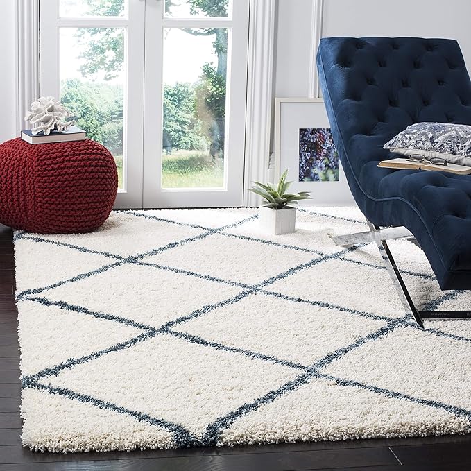 SAFAVIEH Area Rug 8x10 - Hudson Shag Collection - Large - Ivory & Slate Blue, Trellis Pattern, Non-Shedding & Easy Cleaning, Plush Thick Pile, Ideal for Living Room, Bedroom, Dining Space (SGH281T)
