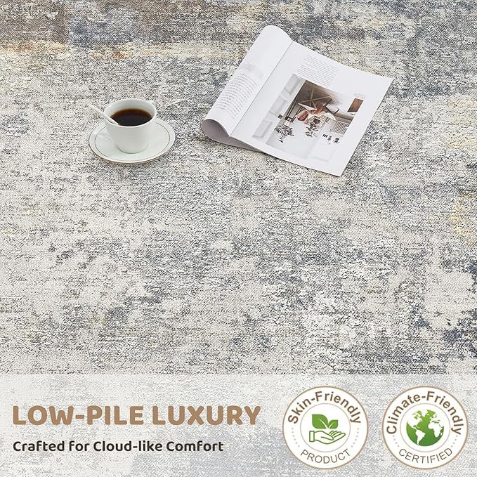 8ft Round Area Rug Living Room Rugs - 8x8 Washable Neutral Modern Abstract Soft Thin Rug Indoor Floor No Slip Rug Carpet for Bedroom Under Dining Table Home Office Decor - Blue Grey