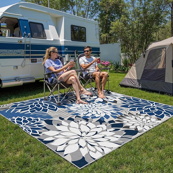 Indoor Outdoor Area Rug Washable Multicolored Patio Rug Tropical Botanical Modern Floral Indoor Outdoor Carpet Blue White Rug Non Slip for Patio, Deck, Backyard, Porch (9x12)