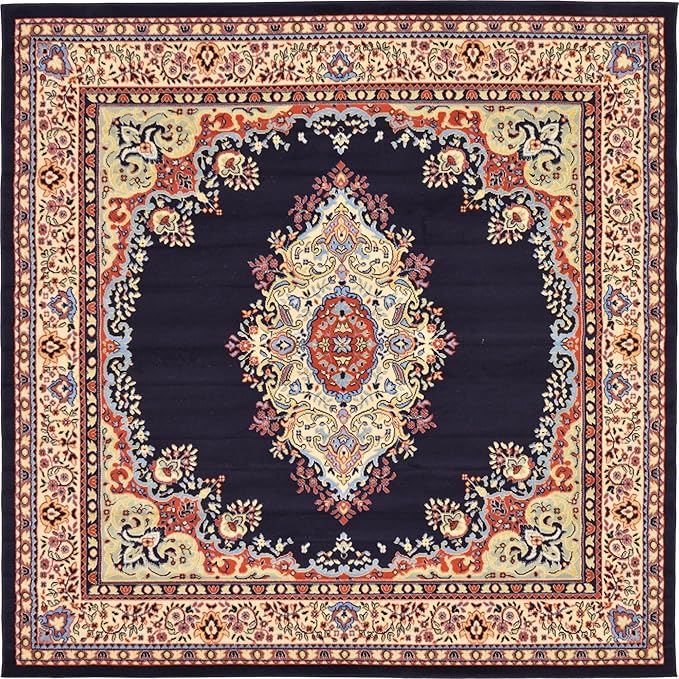 Unique Loom Reza Collection Traditional Persian Style Area Rug, 8' 0" x 8' 0", Navy Blue/Ivory