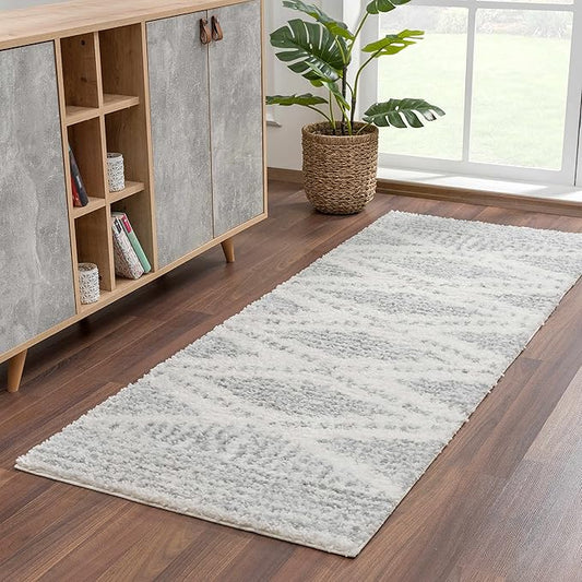 Hauteloom Trunding Moroccan Farmhouse Hallway Entryway Kitchen Shaggy Runner Rug - Bohemian Shag - Plush High Pile - Southwestern Boho Soft Carpet - Grey, Beige - 2'7" x 7'3"
