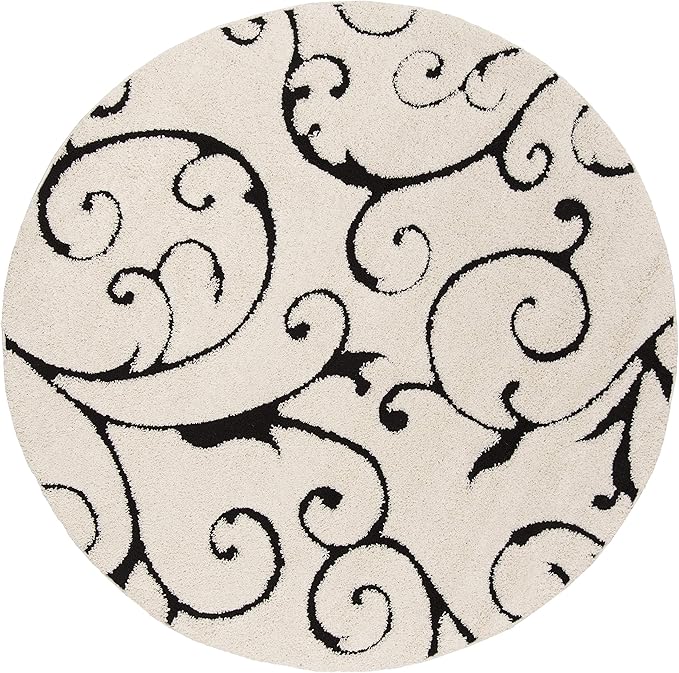 SAFAVIEH Florida Shag Collection 10' Round Ivory / Black SG455 Scrolling Vine Graceful Swirl Textured Non-Shedding Living Room Bedroom Dining Room Entryway Plush 1.2-inch Thick Area Rug