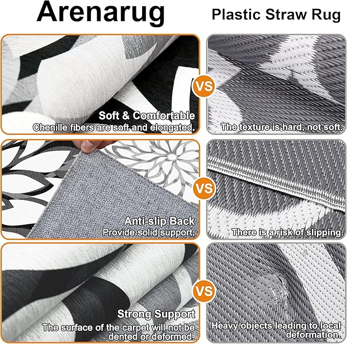 Indoor Outdoor Area Rug Washable Multicolored Rug Tropical Botanical Modern Floral Indoor Outdoor Carpet Black White Rug Non Slip Non Shedding for Patio, Deck, Backyard, Porch (6x9)