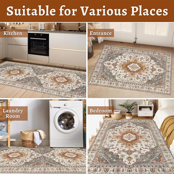 Tangsoo 2x10 Vintage Floral Geometric Runner Rug, Turmeric & Multicolor, Machine Made, Non-Slip, Washable, 0.35 Inch Pile, Rectangular, Indoor, Entryway & Living Room