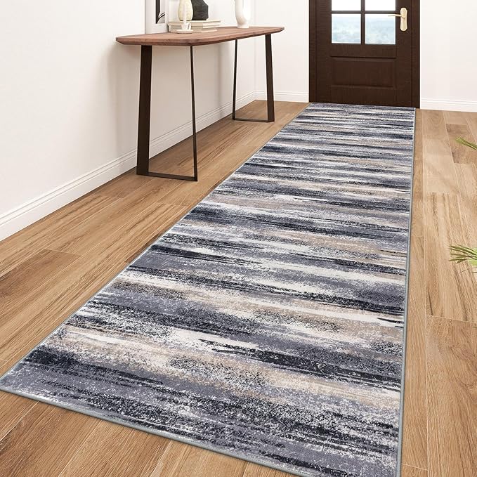 Modern Abstract Runner Rug 3x10, Grey Black Multi Washable Kitchen Runner Non-Slip Soft Hallway Rug Runner Thin Print Faux Wool Carpet for Entryway Bedroom Laundry Room Indoor Home Office Decor