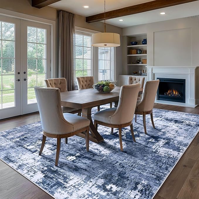 Area Rug Living Room Rugs - 10x12 Large Soft Indoor Neutral Modern Abstract Low Pile Washable Rug Carpet for Bedroom Dining Room Farmhouse Home Office - Navy Blue