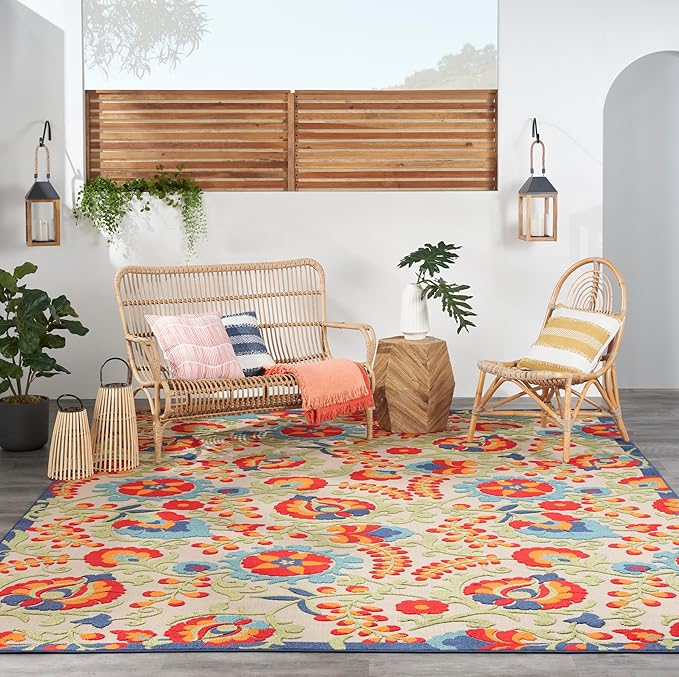 Nourison Aloha Indoor/Outdoor Multicolor 10' x 14' Area Rug, Easy Cleaning, Non Shedding, Bed Room, Living Room, Dining Room, Backyard, Deck, Patio (10x14)