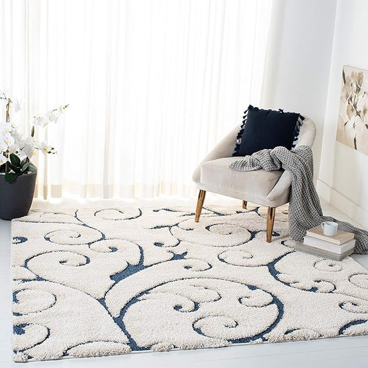 SAFAVIEH Florida Shag Collection Area Rug - 10' Square, Cream & Blue, Scroll Design, Non-Shedding & Easy Care, 1.2-inch Thick Ideal for High Traffic Areas in Living Room, Bedroom (SG455-1165)