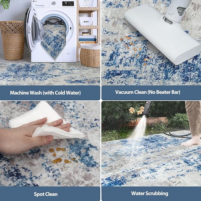 8x10 Area Rugs for Living Room Rug Washable: Abstract Large Rug for Dining Room Bedroom Carpet Non Slip 8 by 10 Indoor Modern Nursery Home Office Blue Grey White