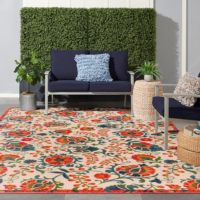 Nourison Home Aloha Indoor/Outdoor Red Multicolor 9' x 12' Area Rug, Easy Cleaning, Non Shedding, Bed Room, Living Room, Dining Room, Backyard, Deck, Patio (9x12)