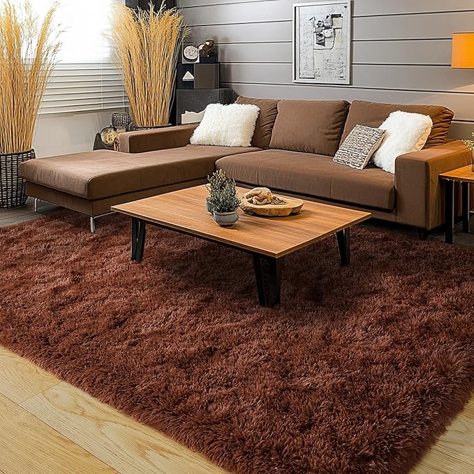 Brown Plush Rug for Living Room Fuzzy Carpet for Bedroom Dorm, Non-Slip High Pile Rug, Shag Rug for Playroom Nursery Home Office Decor 6X9 Ft