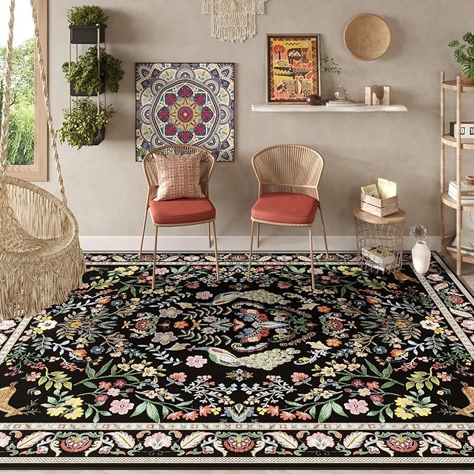 3x5 Rug Washable Area Rug Floral Office Rug Non Slip Small Carpet for Bedroom, Bedside, Kitchen, Entryway, Kids Room, Office (Vibrant Black)