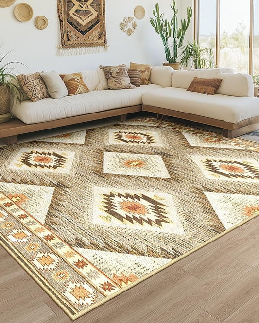 Area Rug 9x12 Rug Machine Washable Non-Slip Low Pile Print Pattern Western Rug for Living Room Bedroom Entryway Tribal Series -Cream/Camel