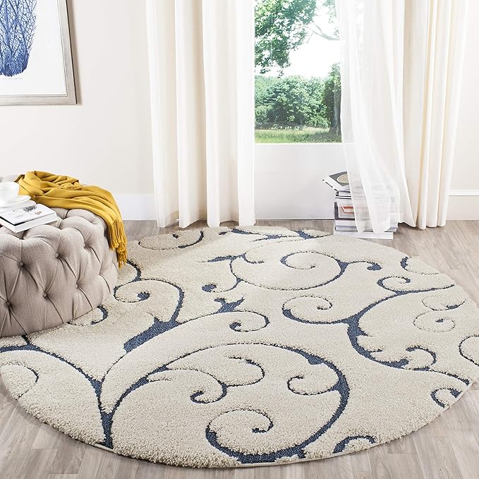 SAFAVIEH Florida Shag Collection Area Rug - 8' Round, Cream & Blue, Scroll Design, Non-Shedding & Easy Care, 1.2-inch Thick Ideal for High Traffic Areas in Living Room, Bedroom (SG455-1165)