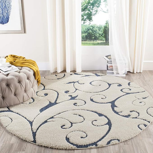 SAFAVIEH Florida Shag Collection Area Rug - 8' Round, Cream & Blue, Scroll Design, Non-Shedding & Easy Care, 1.2-inch Thick Ideal for High Traffic Areas in Living Room, Bedroom (SG455-1165)