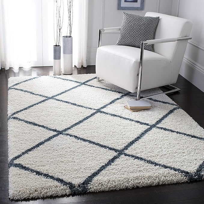 SAFAVIEH Hudson Shag Collection Area Rug - 10' x 14', Ivory & Slate Blue, Modern Trellis Design, Non-Shedding & Easy Care, 2-inch Thick Ideal for High Traffic Areas in Living Room, Bedroom (SGH281T)