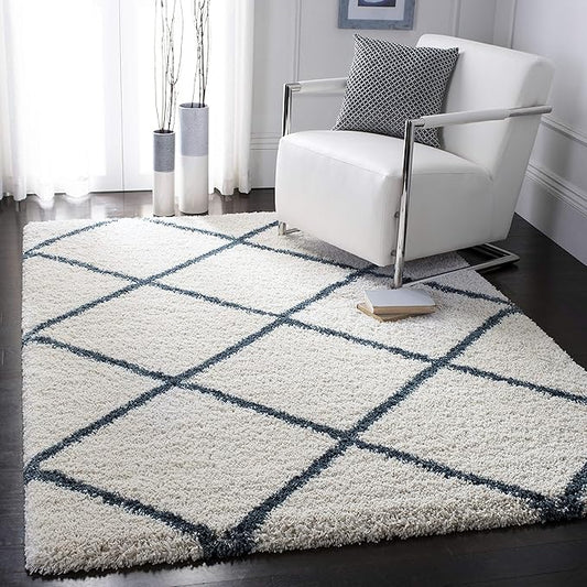SAFAVIEH Hudson Shag Collection Area Rug - 10' x 14', Ivory & Slate Blue, Modern Trellis Design, Non-Shedding & Easy Care, 2-inch Thick Ideal for High Traffic Areas in Living Room, Bedroom (SGH281T)
