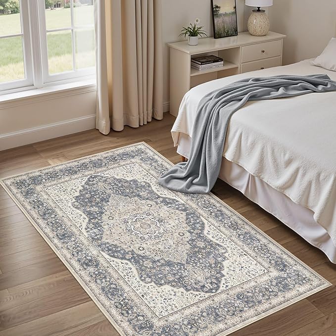 3x5 Washable Entryway Rug: Non-Slip Soft Indoor Throw Area Rug for Living Room Bedroom Kitchen, Boho Floral Distressed Durable Carpet for Hallway Bathroom Laundry Home Decor (Blue/Beige)