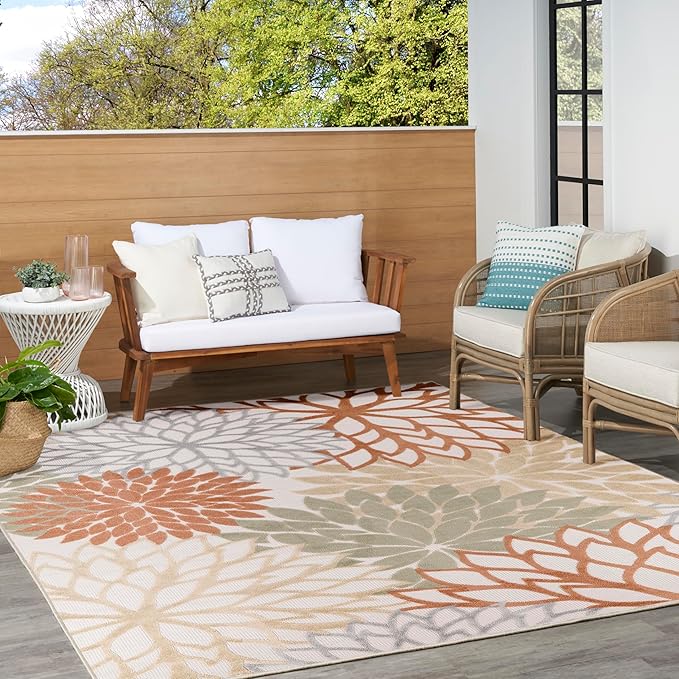 Nourison Home Aloha Indoor-Outdoor Ivory Multicolor 7'10" x 10'6" Area Rug, Easy Cleaning, Non Shedding, Bed Room, Living Room, Dining Room, Backyard, Deck, Patio (8x11)