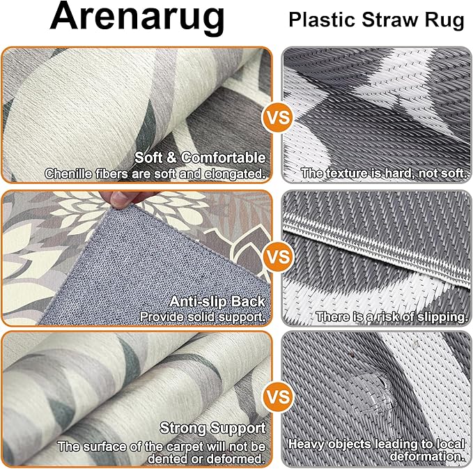 Indoor Outdoor Area Rug Washable Multicolored Patio Rug Tropical Botanical Modern Floral Indoor Outdoor Carpet Brown White Rug Non Slip Non Shedding for Patio, Deck, Backyard, Porch (6x9)