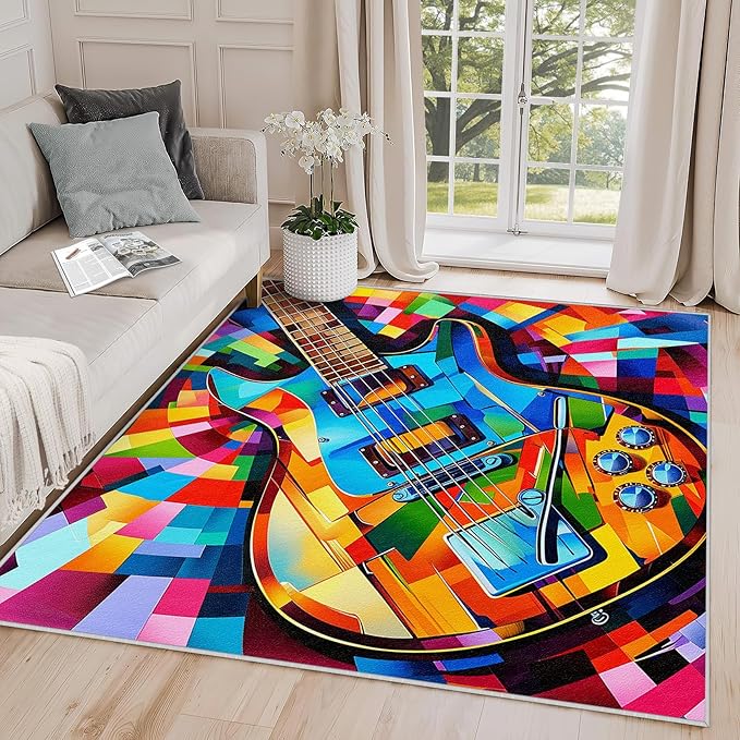 Guitar Rugs for Music Room - Guitar Rug, 8x10 Rug, Abstract Colorful Musical Area Rug, Multicolor Carpet, Washable & Non Slip & Soft Large Rugs, Guitar Home Decor Gifts