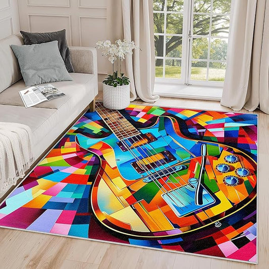 Guitar Rugs for Music Room - Guitar Rug, 8x10 Rug, Abstract Colorful Musical Area Rug, Multicolor Carpet, Washable & Non Slip & Soft Large Rugs, Guitar Home Decor Gifts
