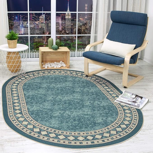 Antep Rugs Alfombras Modern Bordered 5x7 Non-Skid (Non-Slip) Low Profile Pile Rubber Backing Indoor Area Rugs (Blue, 5' x 7' Oval)
