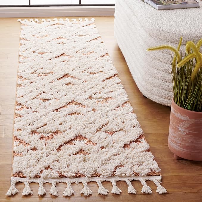 SAFAVIEH Moroccan Tassel Shag Collection Runner Rug - 2'3" x 8', Ivory & Brick Rust, Plush 2-inch Thick, Ideal for High Traffic Areas in Living Room, Bedroom, Dining Room (MTS688P-28)