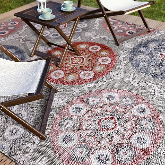 CAMILSON Indoor Outdoor Rug 10x14 Bohemian Medallion Floral Area Rugs for Indoor and Outdoor Patios Easy-Cleaning Non-Shedding Living Room Garden and Kitchen Washable Outside Carpet (10x14-Multicolor)