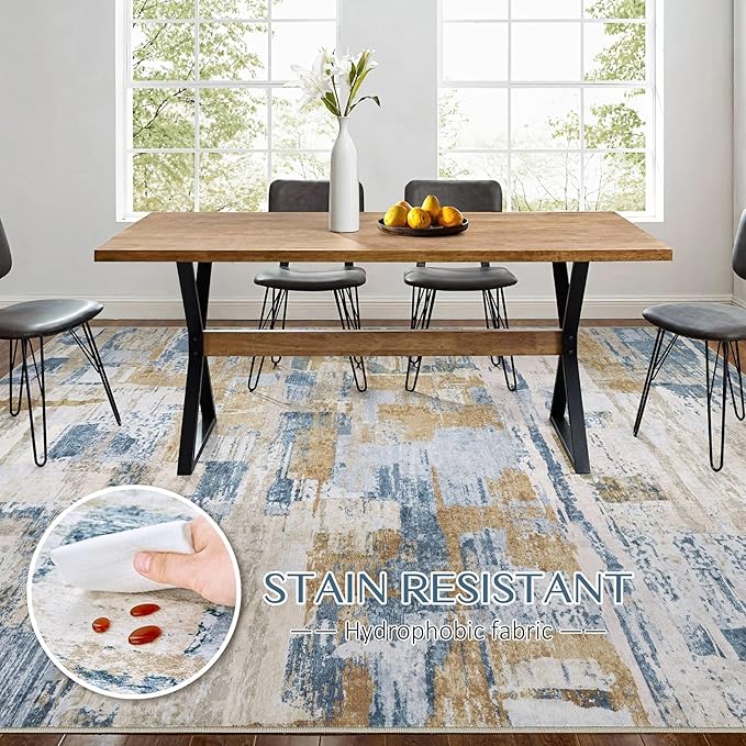 Abstract Living Room Rug 8x10 - Modern Washable Soft Thin Area Rug for Living Room Bedroom Under Dining Table - Neutral Indoor Floor Rug Carpets for Home Office Playroom Nursery - Blue Gold